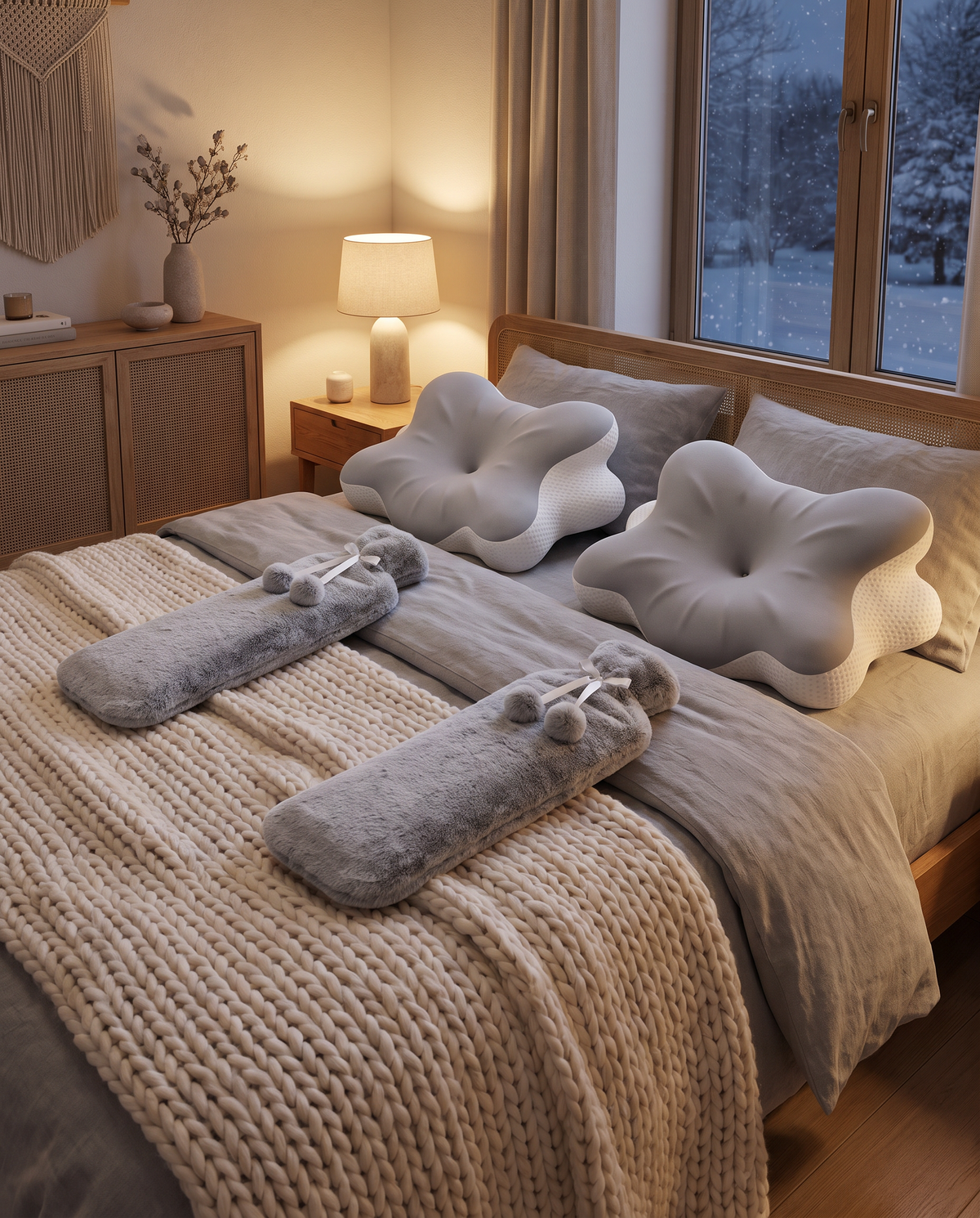 Winter-Set für zwei: zwei Sedovia Kissen und zwei Wärmflaschen auf einem Doppelbett