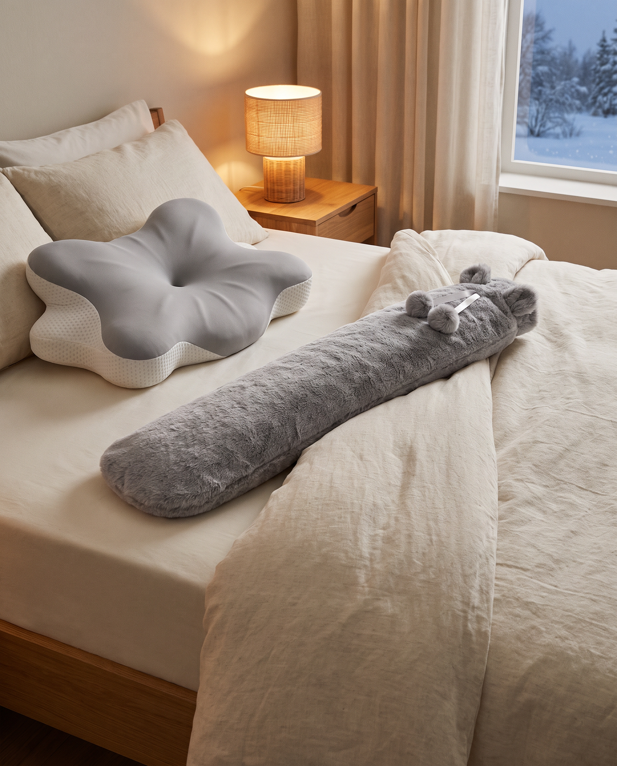 Sedovia Kissen und Wärmflasche im Schlafzimmer mit Blick auf Schnee