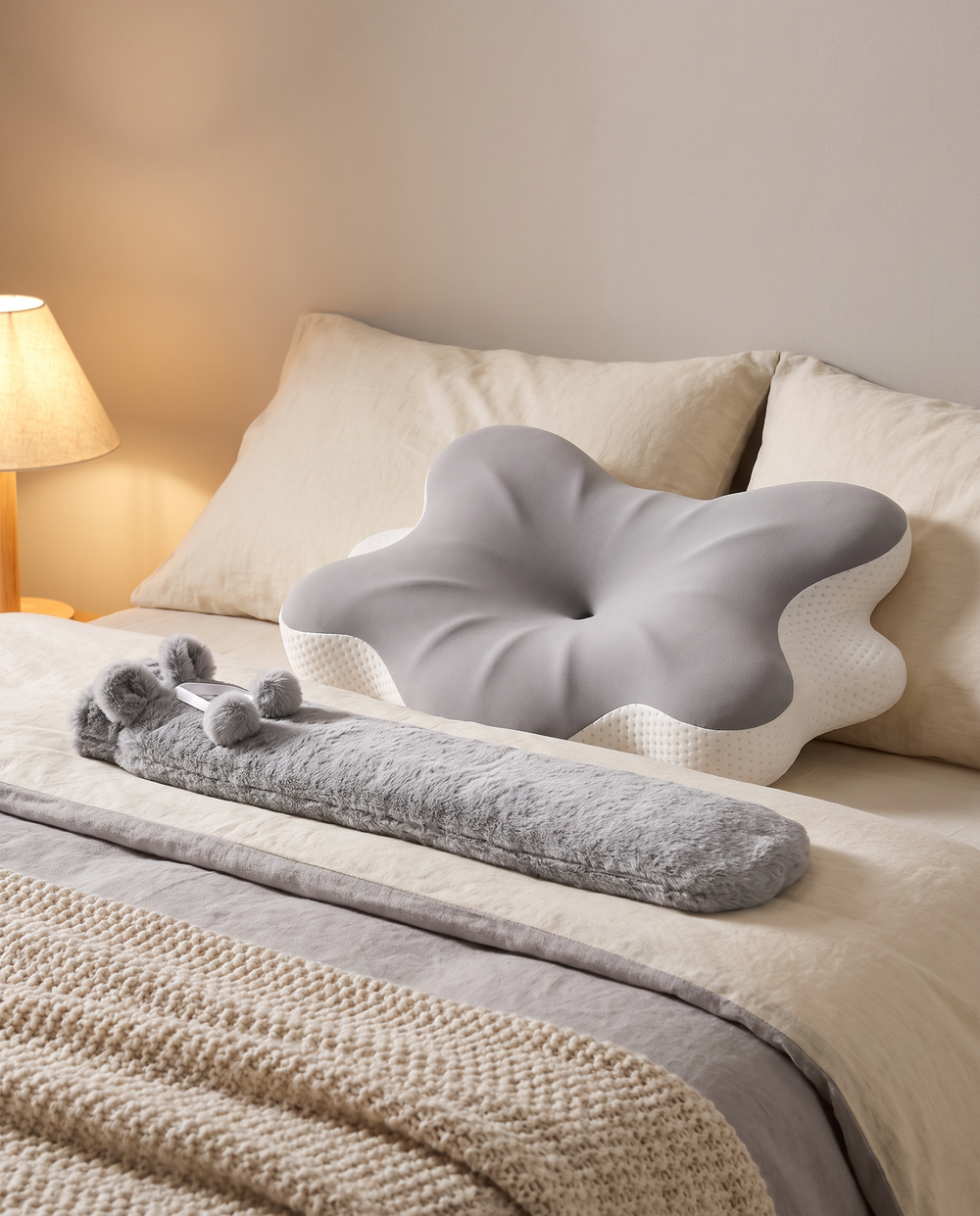 Sedovia Kissen mit Wärmflasche auf einem hellen Bett