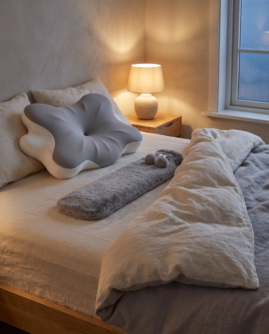 Sedovia Kissen und lange Wärmflasche auf dem Bett am Winterabend