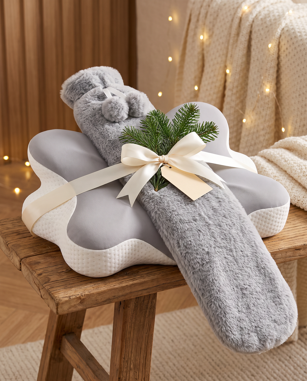 Winter-Set als Geschenk mit Schleife und Tannenzweig