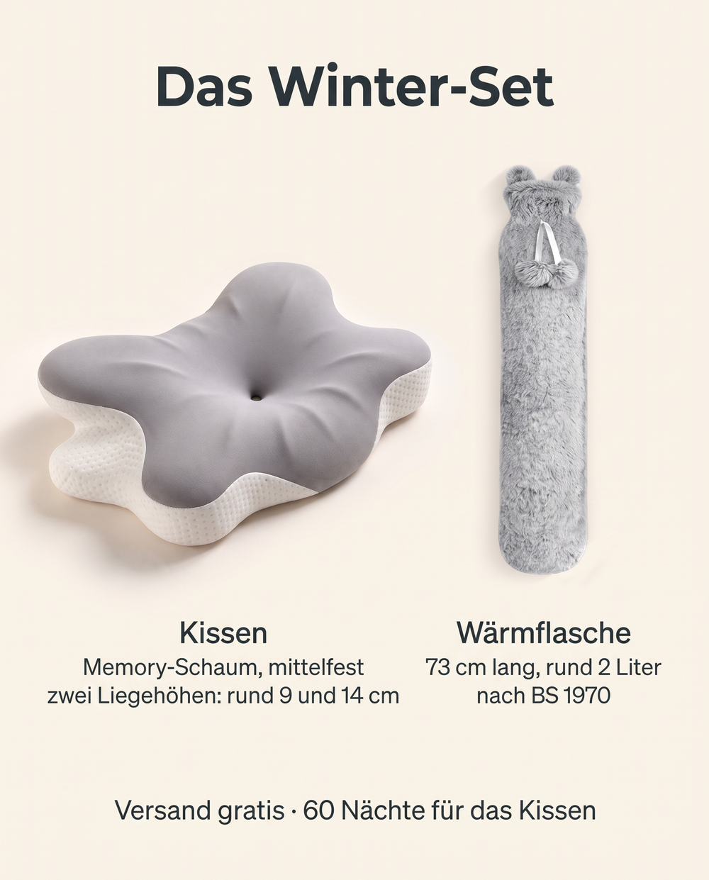 Das Winter-Set: Sedovia Kissen und Wärmflasche, 73 cm lang, rund 2 Liter, nach BS 1970
